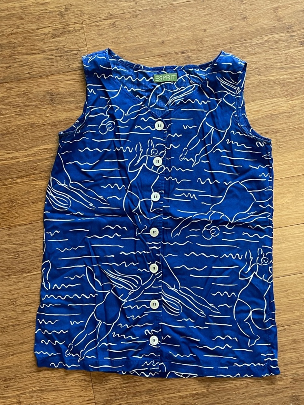 Esprit Royal Blue Sleeveless Button-Front Top with White Swimmer Print